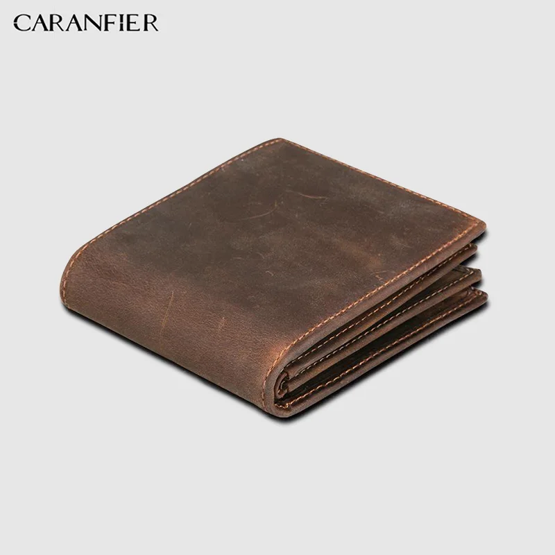 

CARANFIER Mens Leather Wallet Top Genuine Cowhide Wallet Short Bi-fold Cowboy Purses High Quality Crazy Horse Brown Wallet