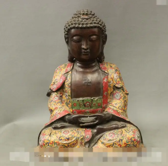 

S6742 17" Tibet Temple Cloisonne Enamel Bronze Shakyamuni Sakyamuni Set Buddha Statue D0318