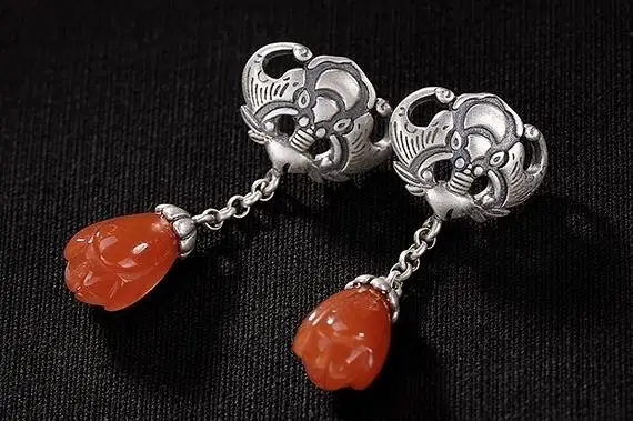 

Sterling S925 925 silver Drop Dangle Earrings bat Natural stone trendy ethnic for woman earring 32MM
