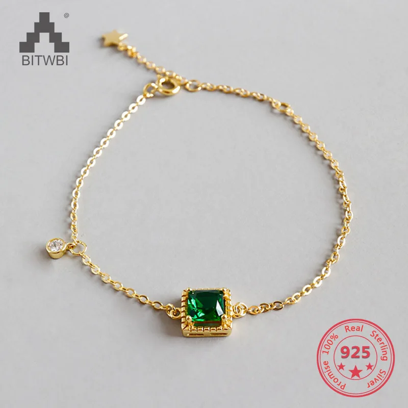 

Fashion Square Green CZ Golden 925 Sterling Silver Bracelet for Women Fine Jewelry
