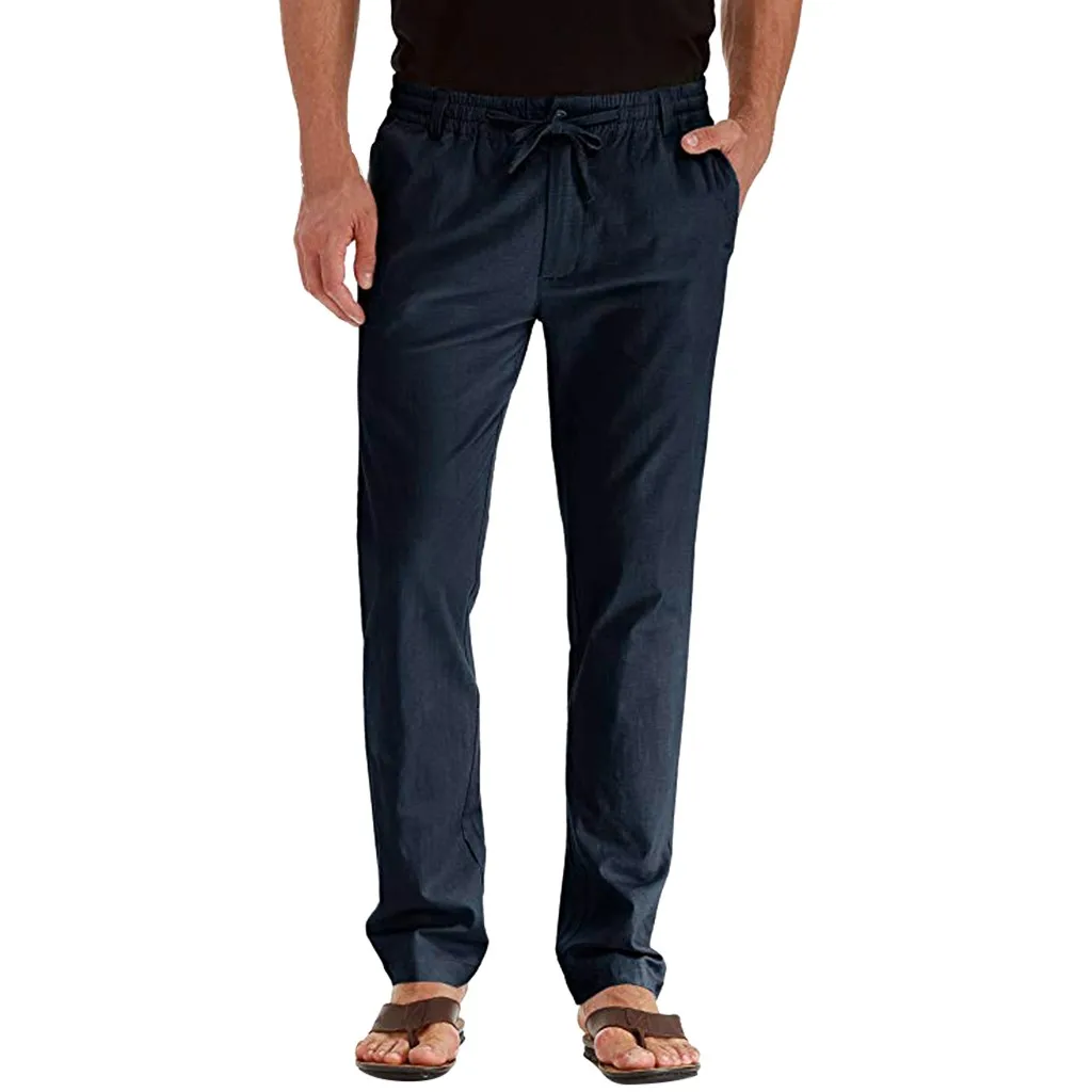 Men's Casual Linen Breathable Loose Long Pants Solid Color Straight Trousers High Quality Casual Travel