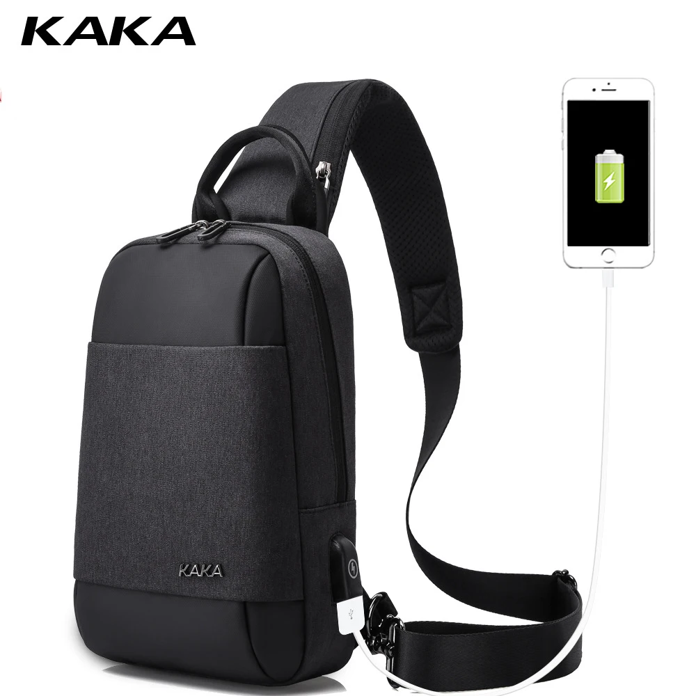 

KAKA black Chest Bag Messenger USB Crossbody Bags for Men new Shoulder Bags Waterproof Short Trip male fashion mobile phone bag