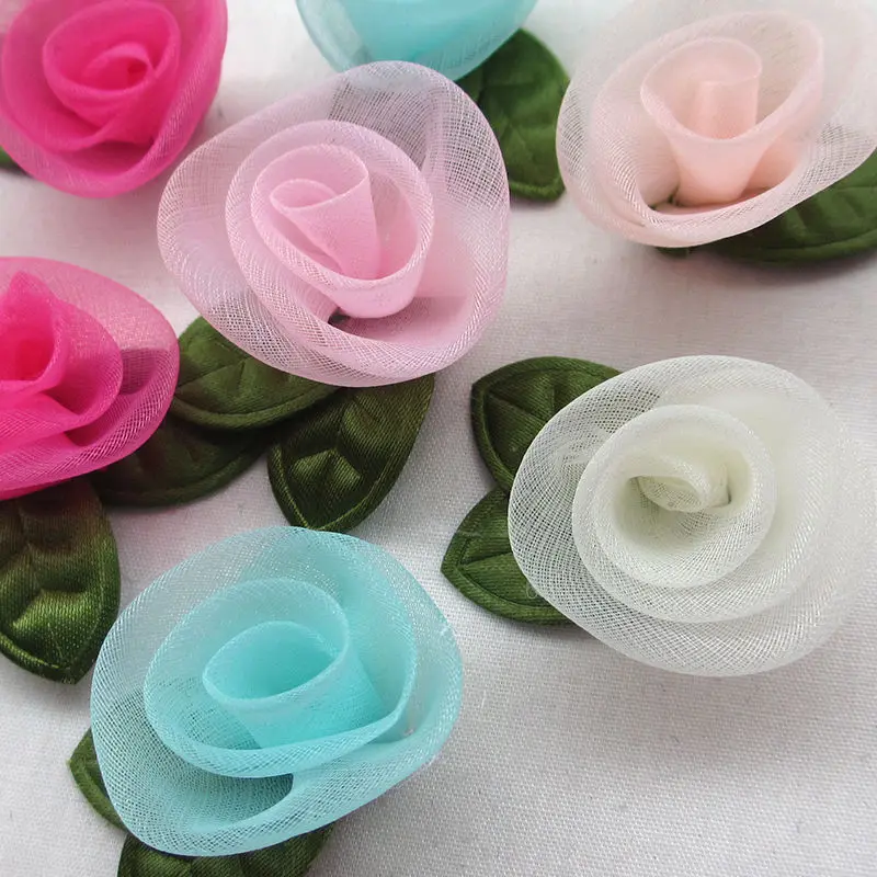 

50PC Organza Ribbon Flowers Bows Rose W/ Green Leaf Appliques Craft Mix