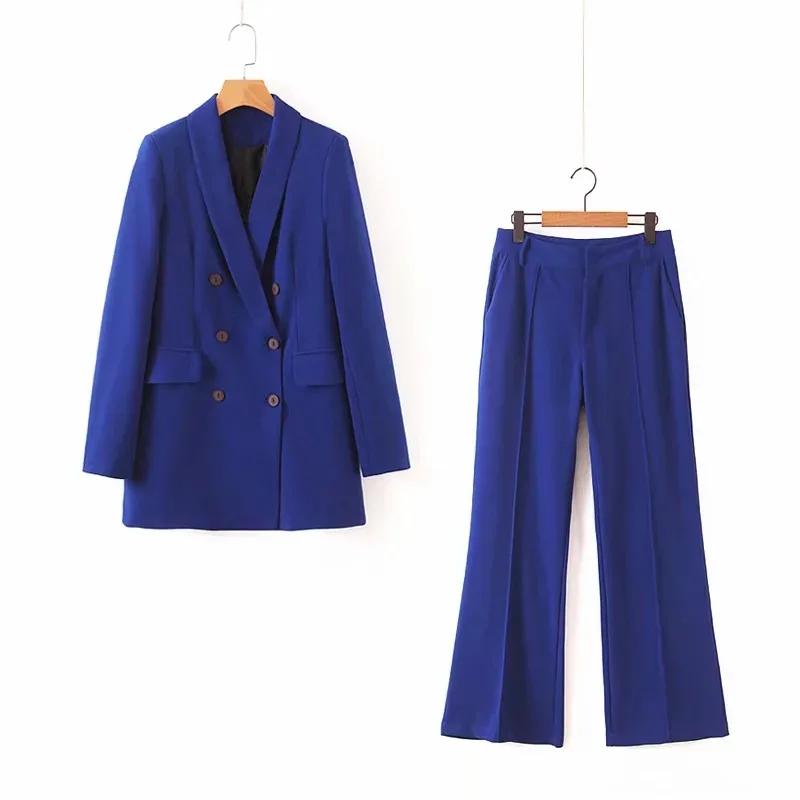 

Women's suits 2019 autumn new women's wild color loose double-breasted long suit jacket casual pants suit high quality