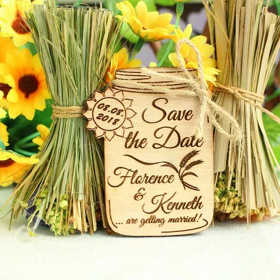 Sunflower Shaped Personalised Engraved Wooden SAVE THE DATE Fridge Magnets
