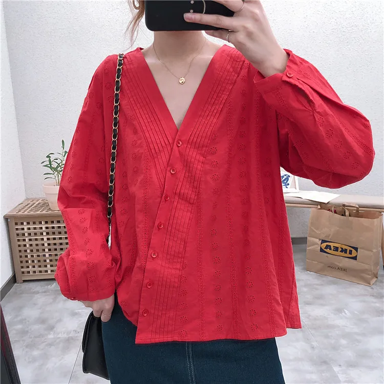 Cena Słodki szydełkowy drążą koronkowy haft dekolt w szpic ukośny plisy koszula szykowna bluzka damska 2019