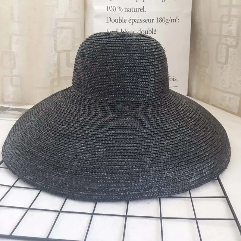 Элегантная женская соломенная шляпа колокольчика 15 см с большими широкими полями, шляпа от солнца, Повседневная Соломенная летняя пляжная шляпа из натуральной пшеничной соломы - Цвет: Черный