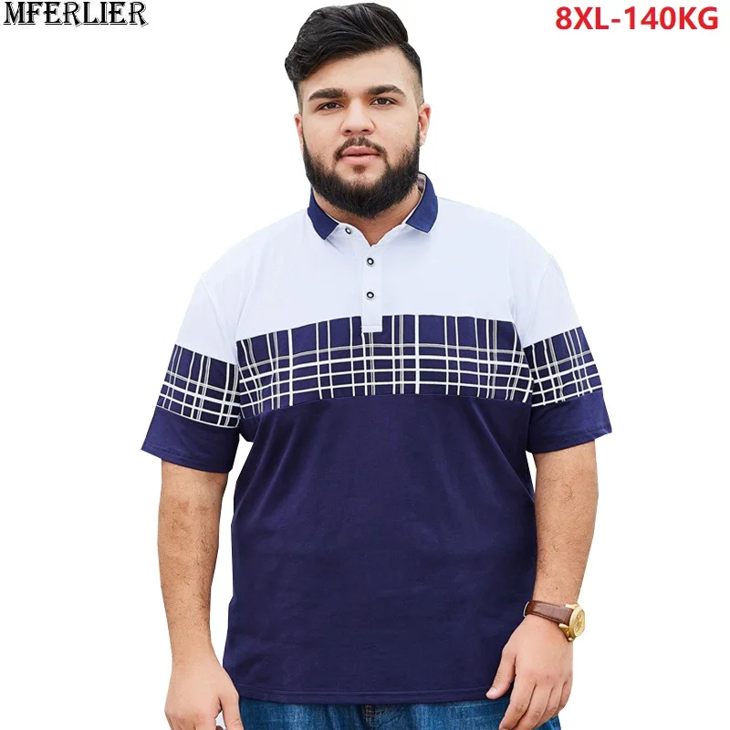 

men patchwork t-shirt short sleeve turn down collar stripe t shirt geometric plus size big 6XL 7XL 8XL fashion tees 140KG blue