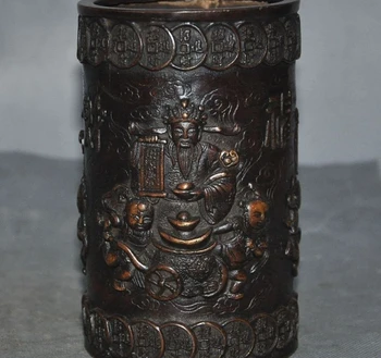 

Marked Old Chinese bronze Wealth God Money Coin Mammon brush pot pencil vase