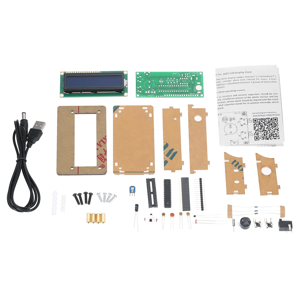 Новое поступление 1602 ЖК-дисплей 3 канала будильник DIY kit цифровые часы комплект+ акриловый чехол+ кабель USB Время Температура Дата Неделя Дисплей