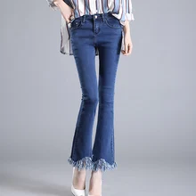 Плюс Размеры обтягивающие джинсы Для женщин кисточкой расклешенные брюки Зауженные джинсы Apring синий черный Повседневное джинсовые штаны капри женские LDL61