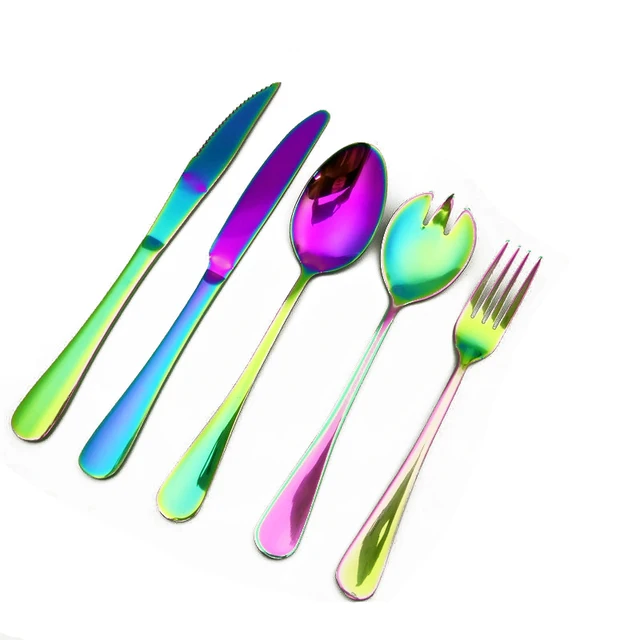 Rainbow Color Steak Knife Dinner Fork Fancy Suit Tableware Mirror Polished Stainless Steel Colorful Dinnerware Set 5pcs/Set