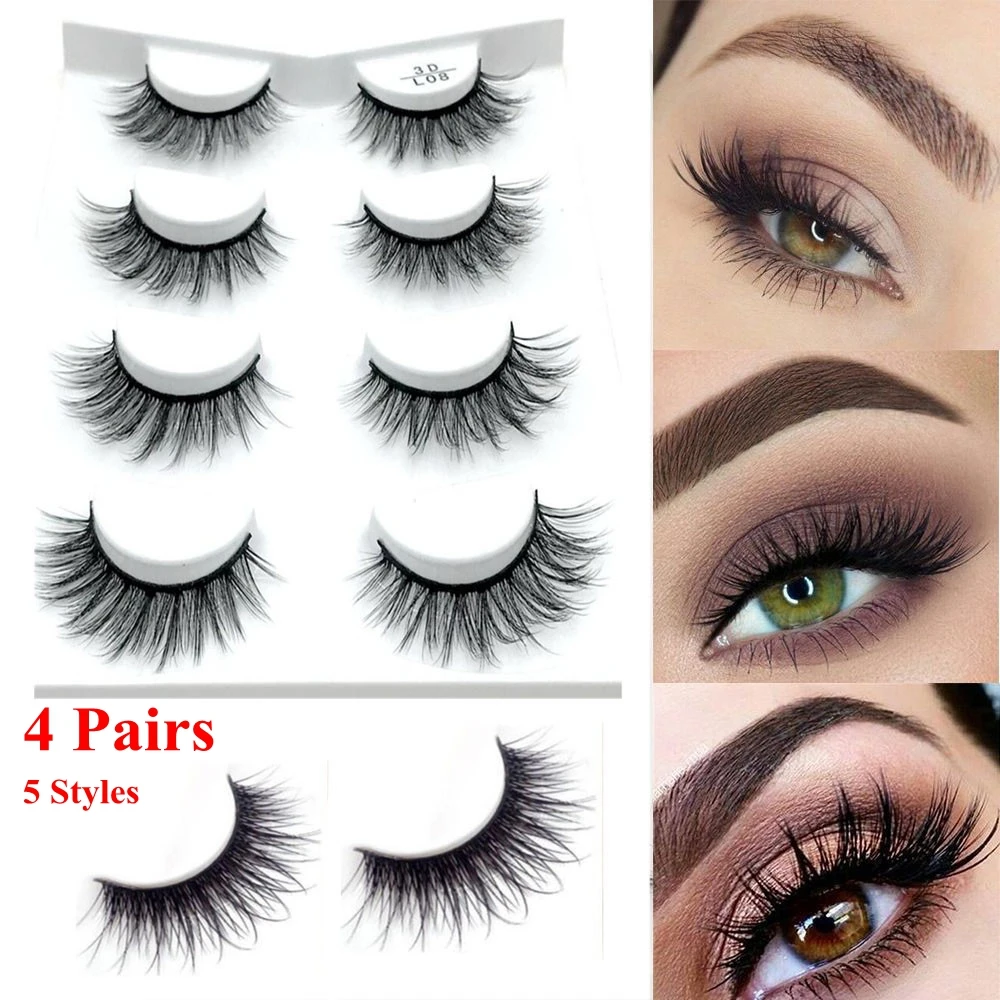 

4 Pairs Soft 3D Mink Hair Handmade False Eyelashes Thick Crisscross Eye Lashes Wispy Natural Volume Eye Extension Tools