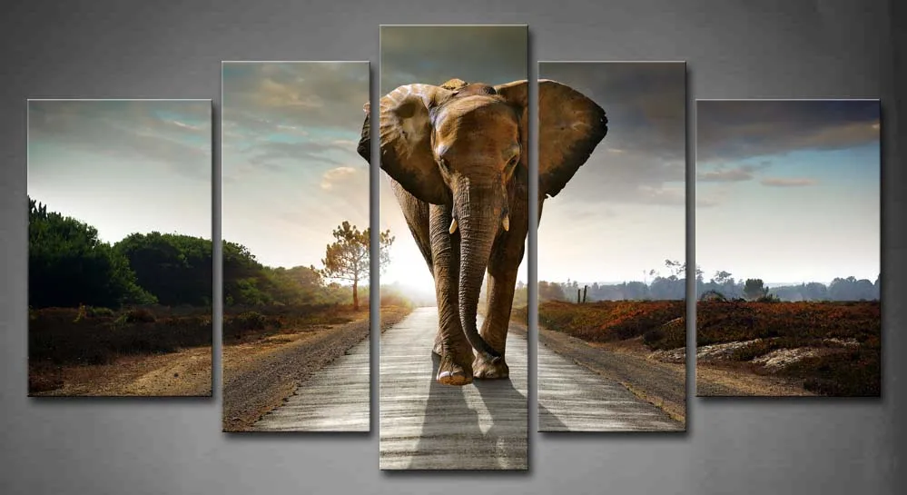 

Framed Wall Art Pictures Elephant Road Sun Canvas Print Artwork Animal Modern Posters With Wooden Frames For Room Decor