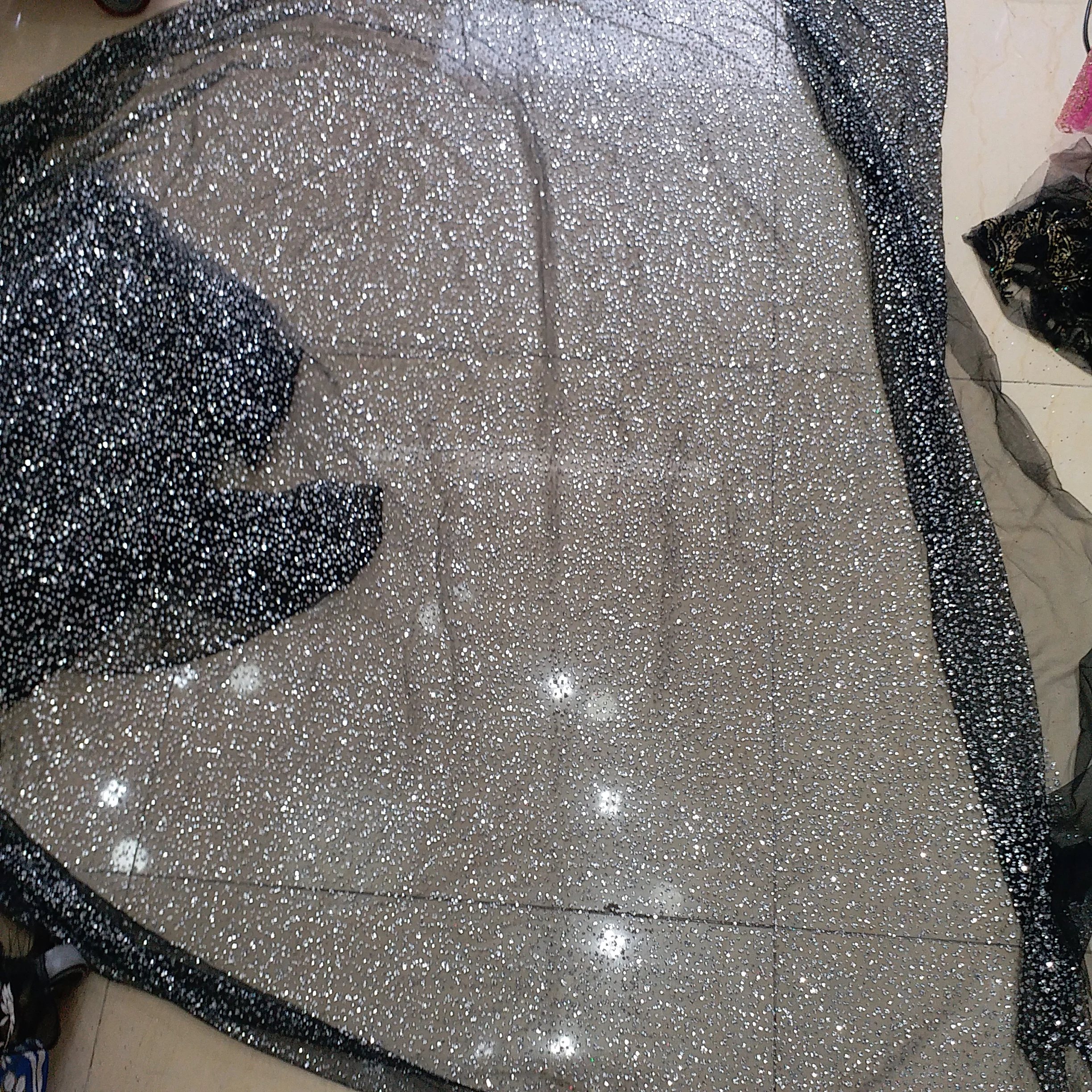 

10 yards HLL081 black mesh silver dot sparkle glitter glued hand print african india mesh fabric for bridal wedding dress