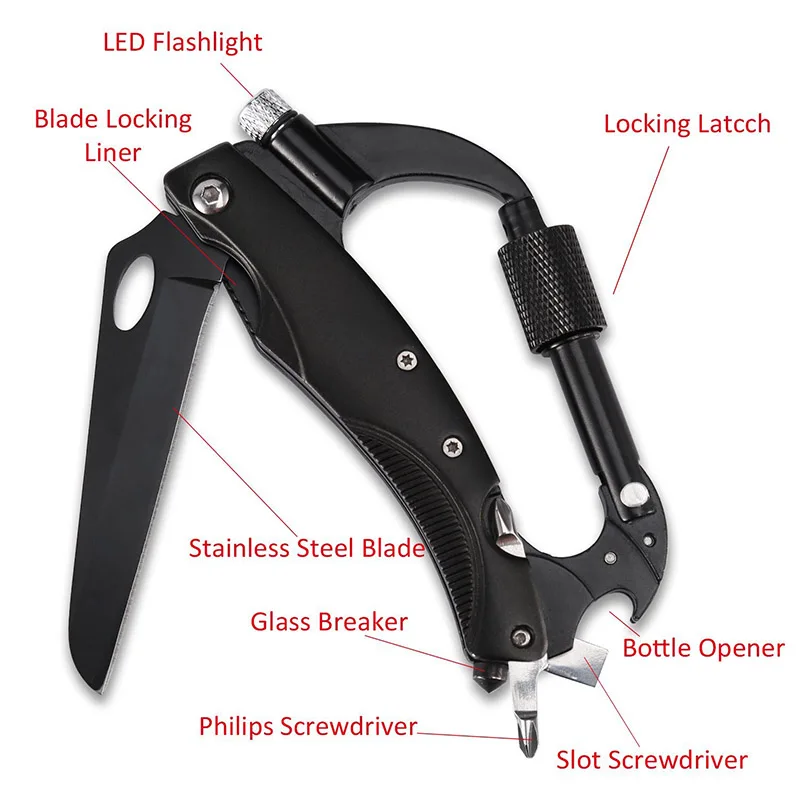 

8-in-1 Carabiner Keychain Clip with LED Flashlight EDC Survival Gear Tool for Camping Hiking FI-19ING