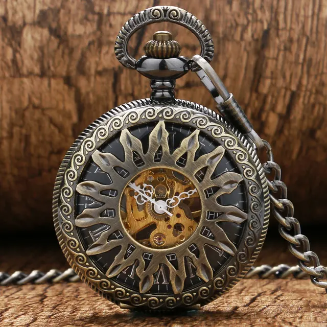 Fashion Cool Bronze Hollow Flower Sun Design Skeleton Mechanical Pocket Watch Wi Fashion Cool Bronze Hollow Flower Sun Design Skeleton Mechanical Pocket Watch Wi