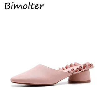 

Bimolter Genuine Leather Slippers Woman Cow Leather Ruffle Sandal Spring Summer Elegant White Casual Shoes Women Sandals LSYA002