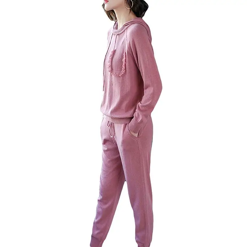 

Knitting Female Sweater Pant Suit For Women Two Piece Set Knitted Pullover Hooded Full Sleeve Tops + Long Pants Solid Suit J160