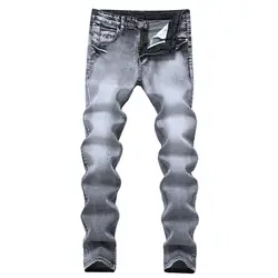 2018 мужские светло-серый стрейч Зауженные джинсы прямой тип ностальгия молния порог ковбойские штаны мужской локомотив мотоцикл для брюк