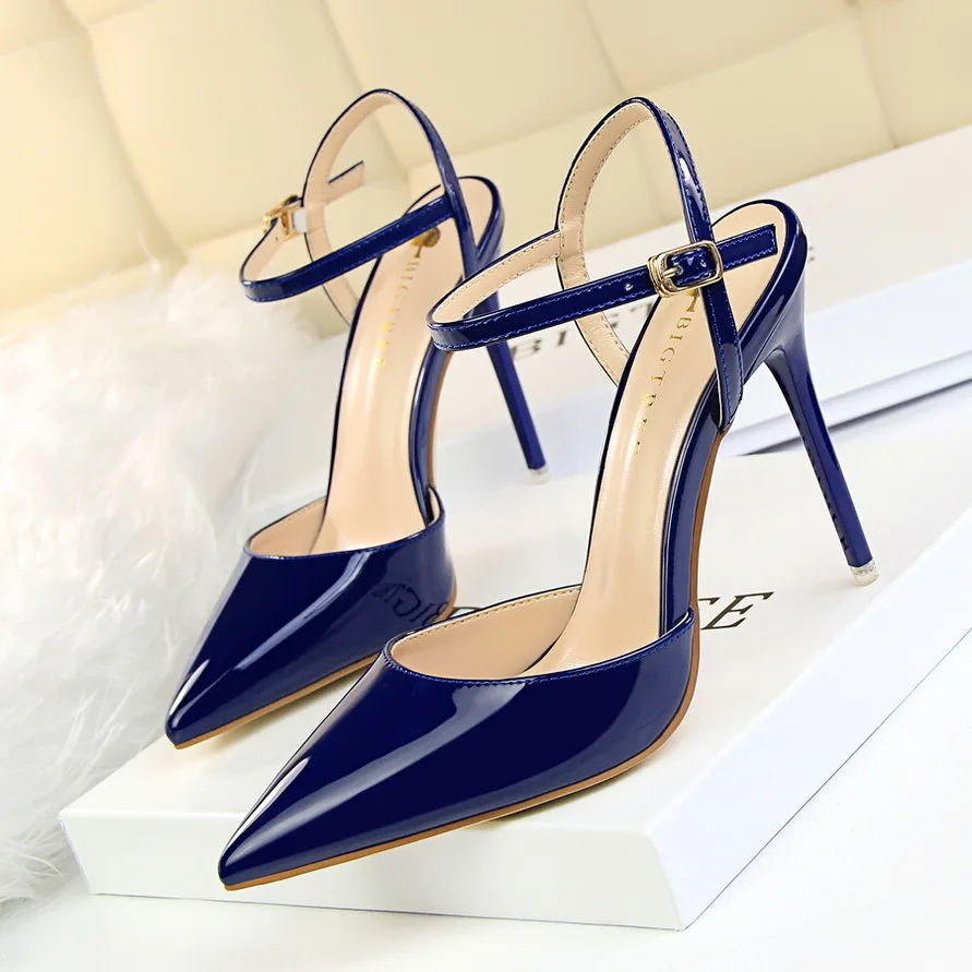 

Women Summer Sandals Shoes Fashion Patent Leather Buckle Strap Shallow 10.5cm Thin High Heel Ladies Sexy Club Party Female Shoes