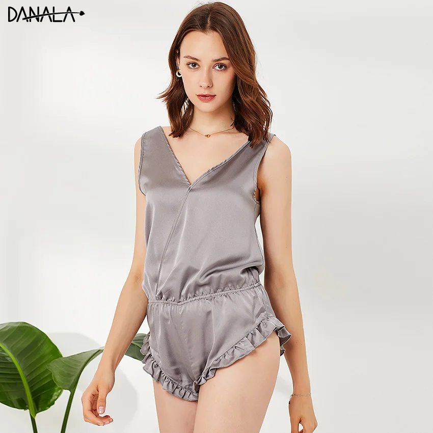 

DANALA Sexy Silk Satin Sleepwear Romper For Women Sleeveless Deep V-Neck Bodysuit Onesies For Ladies Home Wear