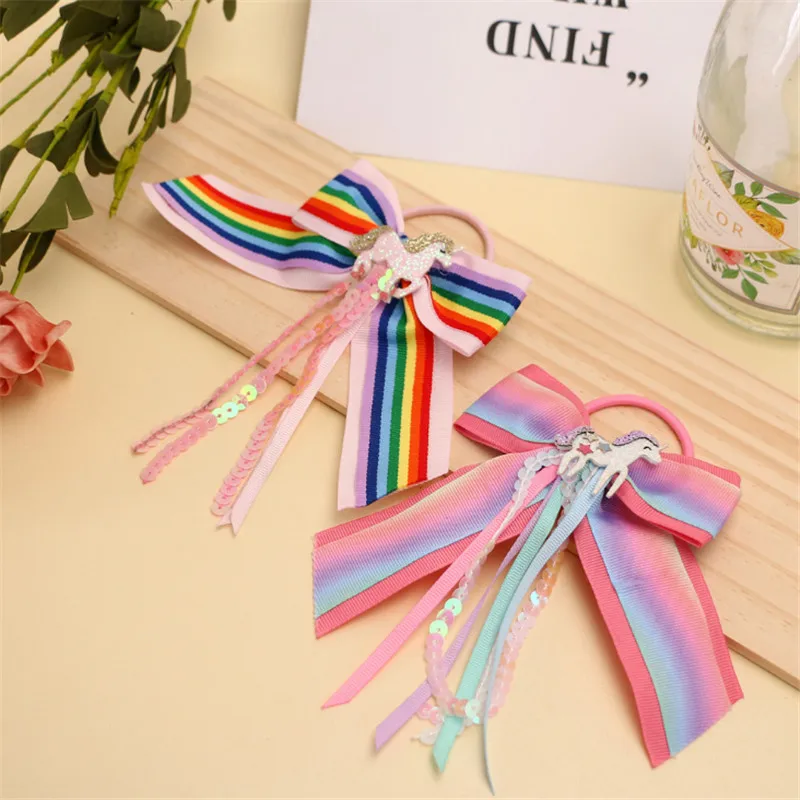 

10pcs/lot Unicorn Colorful Ribbon Hair Accessories Gradient Color Bows Hair Rope Hair Band Shining Sequin Tassel Girls Headdress