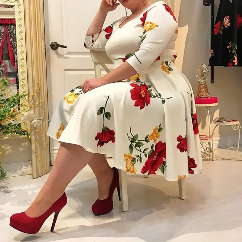 

Plus Size Dress 5XL Women Floral Printed 1/2 Half Sleeve V neck Sexy White midi Dress robe femme office Lady vestidos