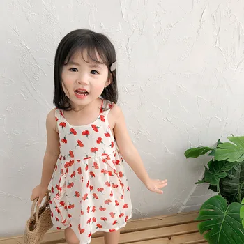 

2019 Summer New Arrival korean style cotton flowers printed princess suspender chiffon dress for cute sweet baby girls