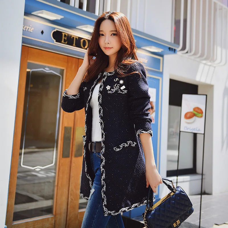 Dabuwawa Autumn Winter Vintage Long Coat Women 2018 New Open Stitch Navy Blue Wool  Coat Christmas Outerwear 