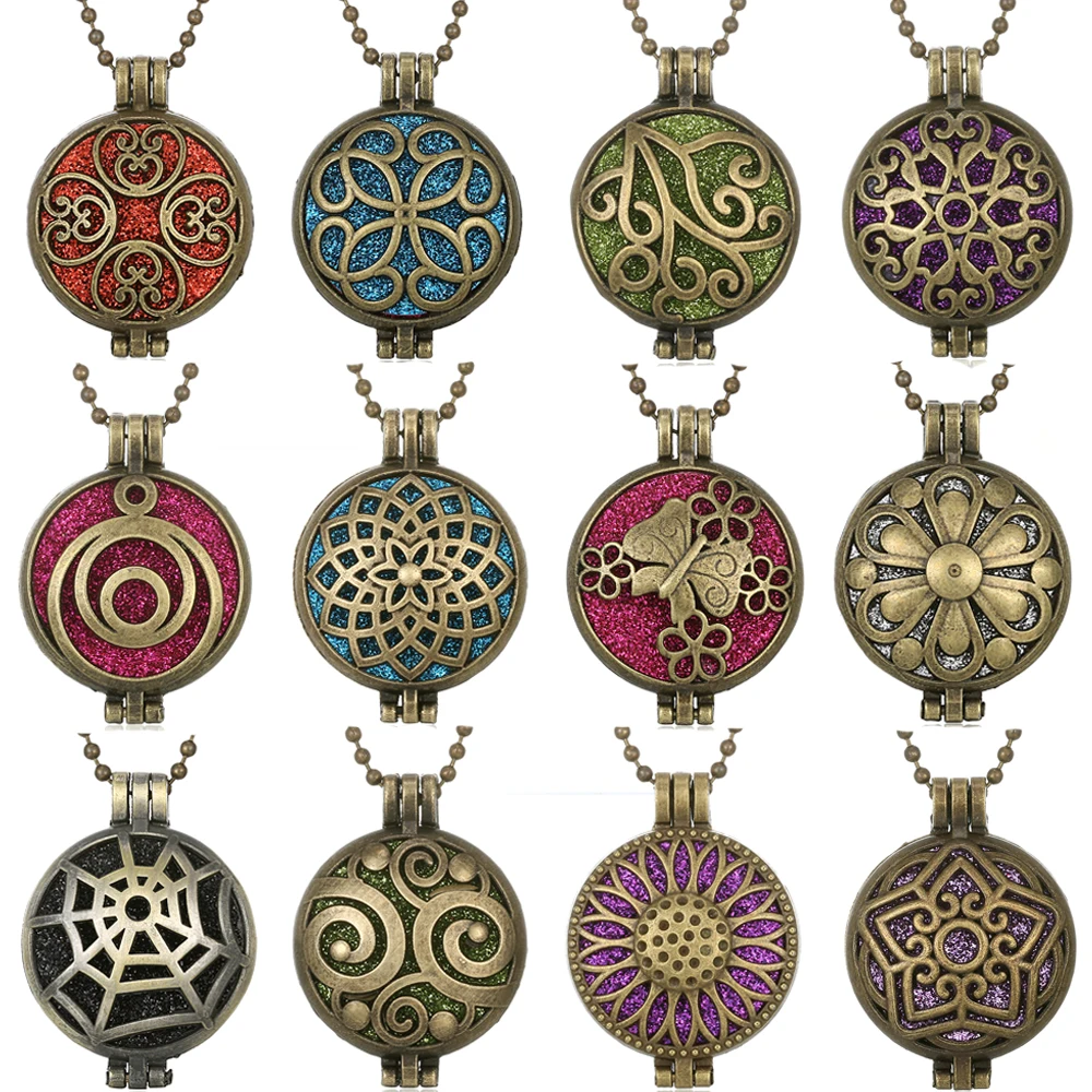 

New Aroma Diffuser Necklace Vintage Bronze Open Lockets Pendants Perfume Oil Diffuser Aromatherapy Necklace with 10pcs Pads