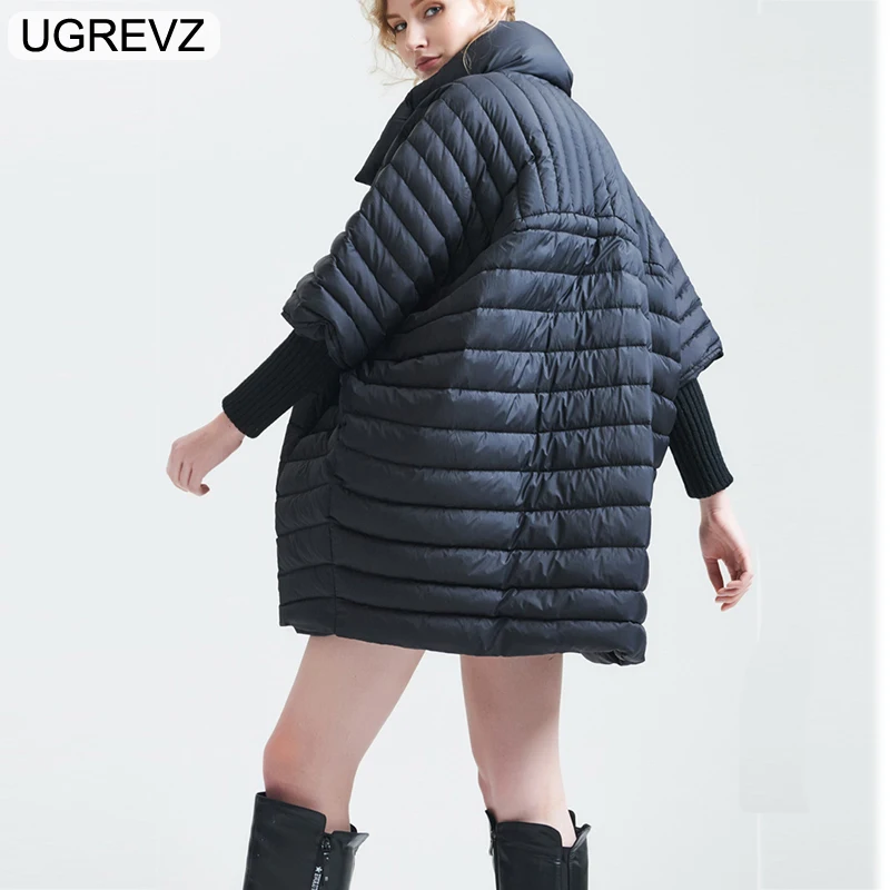 UGREVZ 2018 Ultra Light Down Parka Women Cloak Coat Loose Warm Fashion Knitting Spliced Bat Sleeve Solid Duck Down Jacket Female Coats
