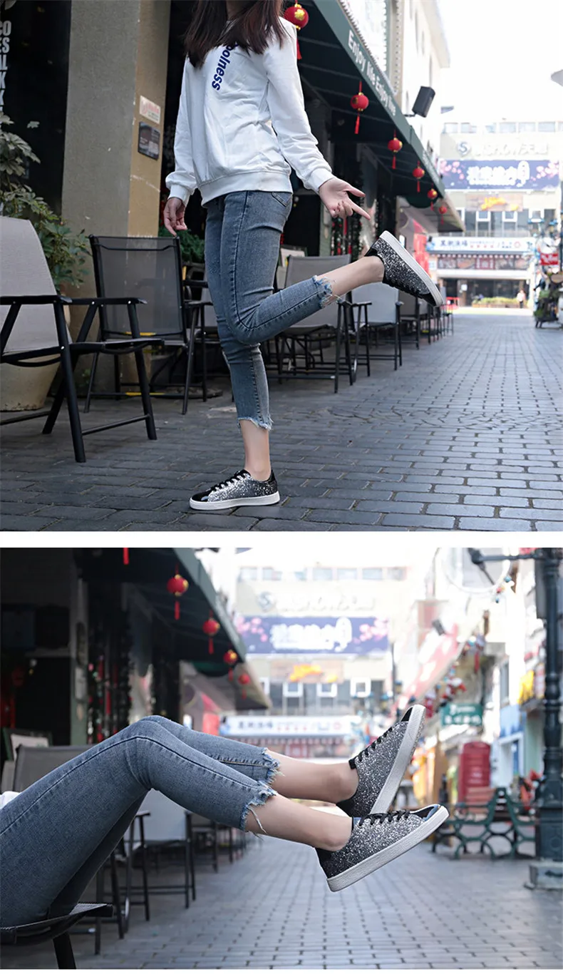  2019 New Fashion Spring Women Sneakers Casual Flat lace-Up Bling Glitter Shining Green Beautiful Vulcanized Shoes Woman (11)