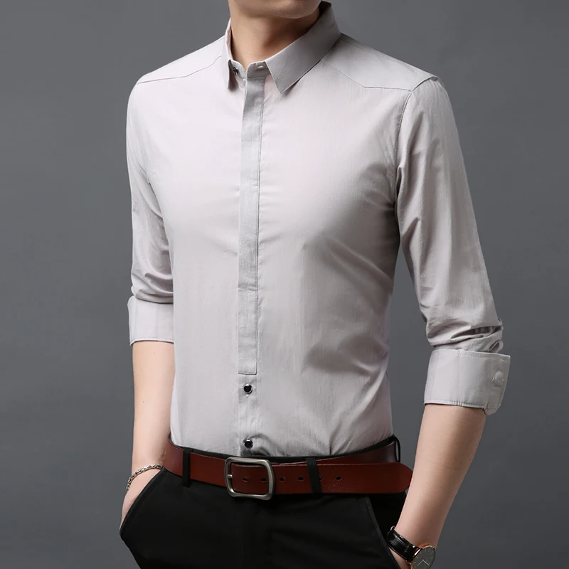 Модная брендовая дизайнерская мужская рубашка, однотонная, новая, с длинным рукавом, облегающая, уличная, высокое качество, повседневная мужская одежда