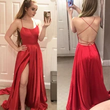 Sexy Red Satin Evening Dress Styles Slit Backless Prom Dress 2019 Straps Back Evening Gowns Prom Party Dress Abiye robe femme rose print slit back pencil dress