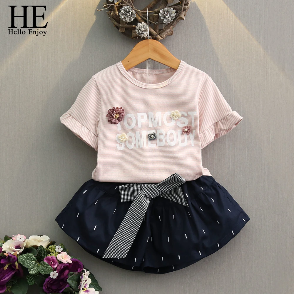 HE Hello Enjoy Girls Clothing Sets Summer Fashion 2018 Childrens Clothes Kids Short Sleeve Stripe Letter T-shirt+Bow Skirt Suits HE Hello Enjoy Girls Clothing Sets Summer Fashion 2018 Childrens Clothes Kids Short Sleeve Stripe Letter T-shirt+Bow Skirt Suits