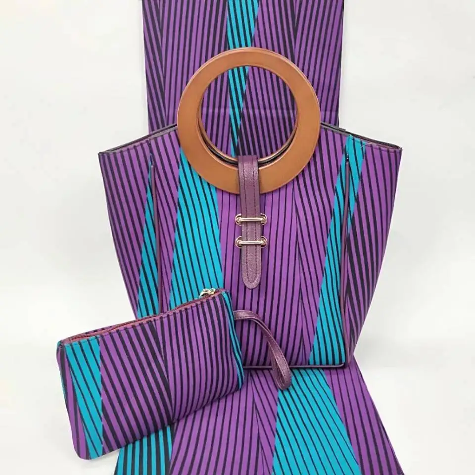 

6Yards Fashion purple and blue printed pattern hollandais wax fabric match african big handbag set for party VB3