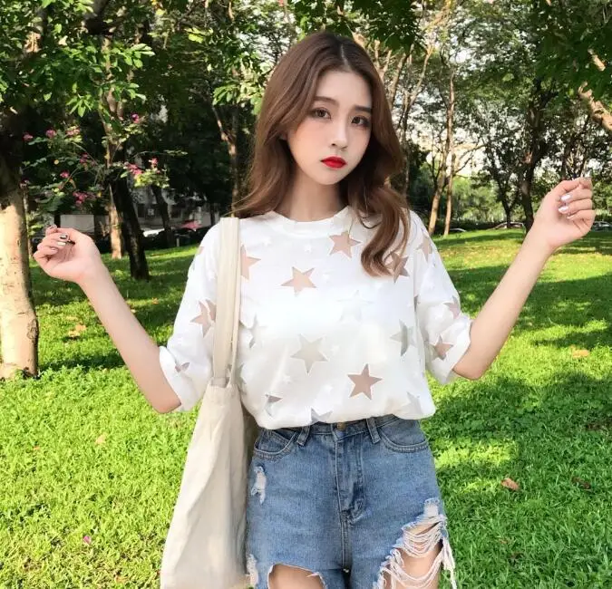 2018 new summer star hollow out loose mesh t-shirt | Женская одежда