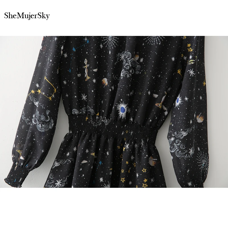 SheMujerSky mujeres otoño vestido negro conjunto de dos piezas Graffiti estampado banda elástica vestidos ropa mujer vestido casual