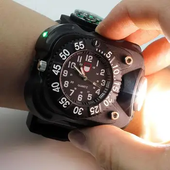 

3 in1 Super Bright LED Watch Flashlight Waterproof Torch lights Compass Outdoor Sports Rechargeable Mens Wrist Watch