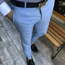 Синий мужской повседневный облегающий костюм брюки уличная мода пляжные мужские сшитые брюки Trajes De Hombre De Vestir