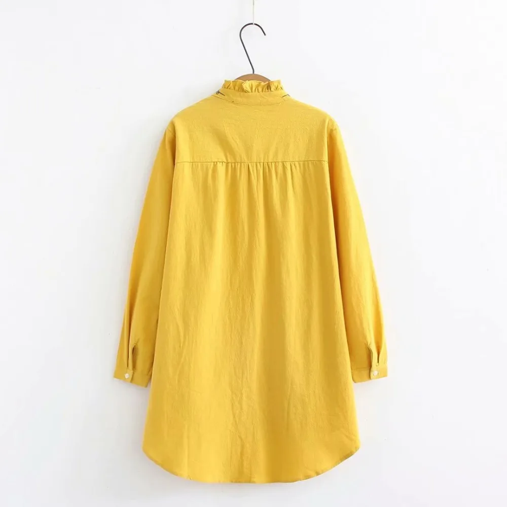 Plus size ruffled collar long sleeve blouses women 2018 Embroidered white & dark blue & yellow shirt Spring & autumn ladies tops