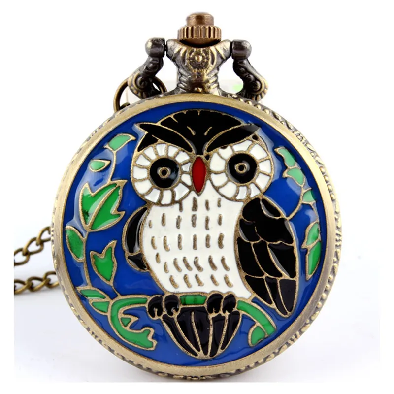 Прекрасный черный и синий Сова кварцевые карманные часы ожерелье цепь подарков цветные ремешки часы Для Мужчин's Для женщин Relogio de bolso