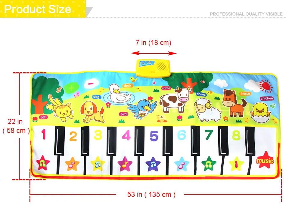 Большой музыкальный коврик 135x58 см, коврик для сенсорного воспроизведения пианино с 8 животными, музыкальный инструмент, детский игровой коврик, развивающие игрушки