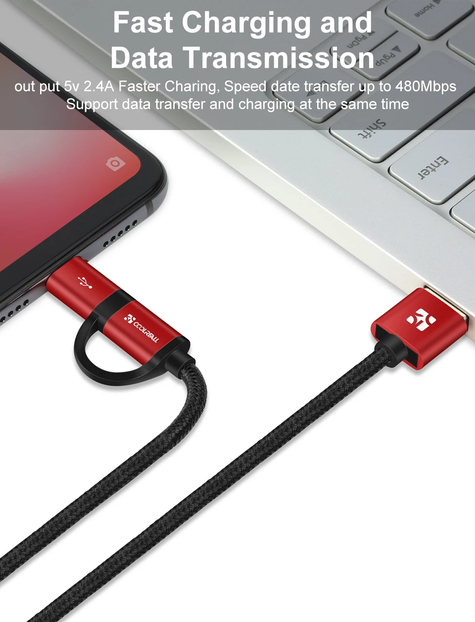 Coolreall 2.4A Micro USB кабель 2 в 1 usb type C Быстрая зарядка данных USB C зарядное устройство кабель для samsung Xiaomi Oneplus huawei P9