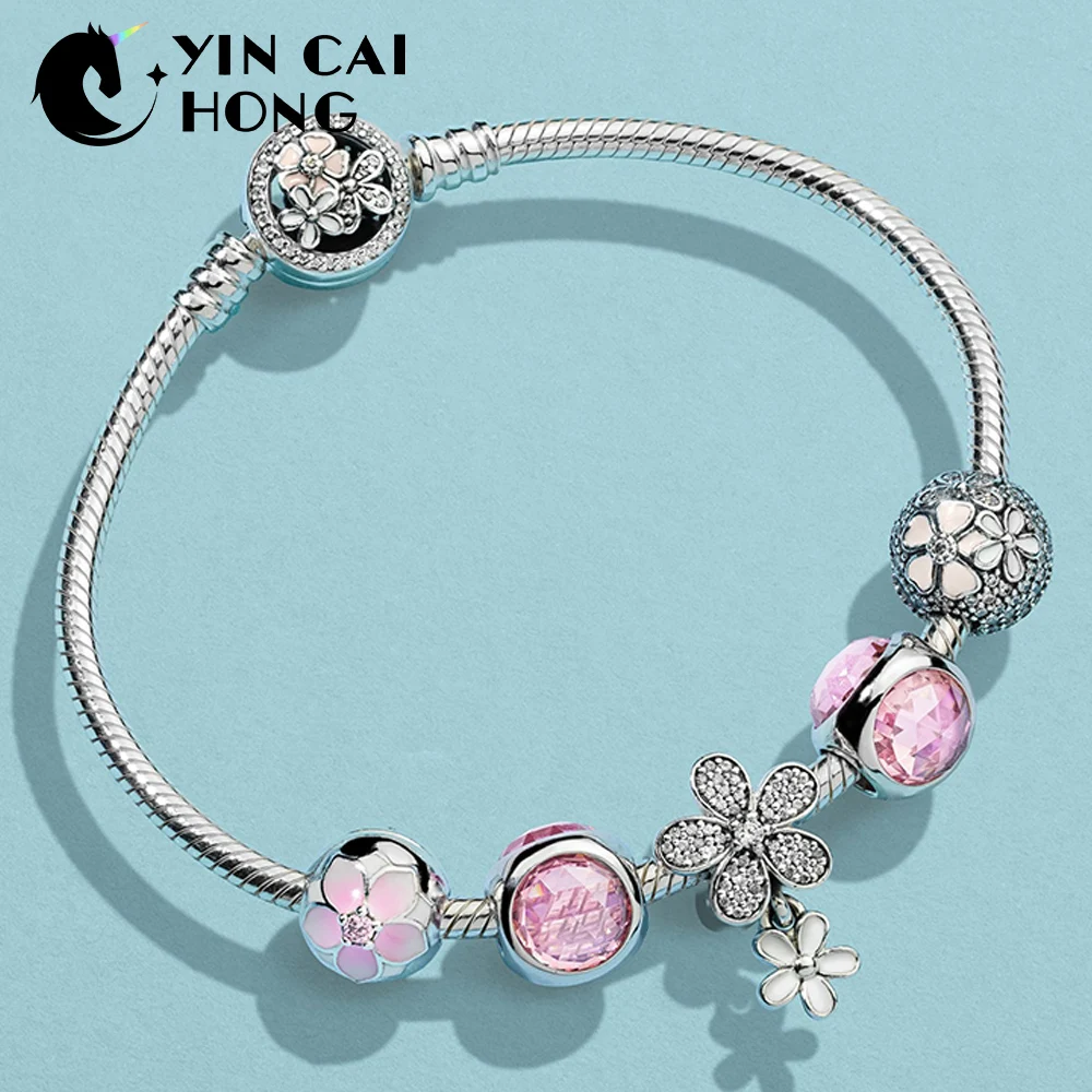 

YCH 100% 925 Sterling Silver MAGNOLIA POETIC BLOOMS FIXED CLIP Pink Radiant Droplet Dazzling Daisy Duo Charm Bracelet Set