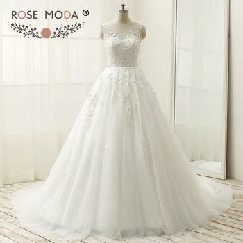 

Rose Moda Lace Ball Gown Plus Size Cap Sleeves Princess Crystal Wedding Dress Lace Up Back 50cm Train