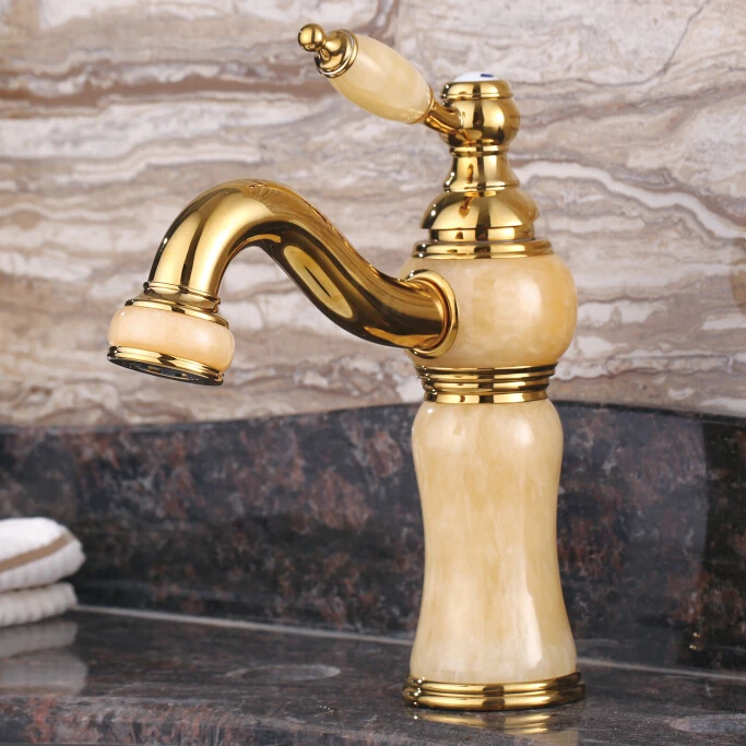 

European antique marble vanities gold-plated faucet hot and cold faucet retro full-copper natural jade single handle sing hole