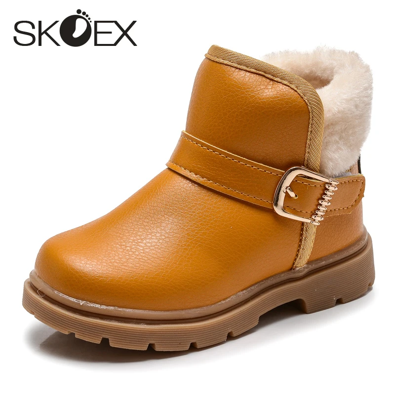 

SKOEX Buckle Strap Ankle Boot Kids Shoes For Girls Winter New Children Snow Boots Leather Thick Cotton Plush Boy Baby Shoe Tide