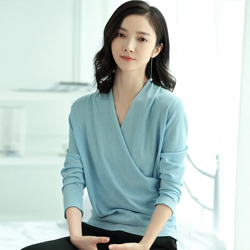

Autumn Fashion V Neck Long Sleeve Sweater Office Lady Slim 4 Solid Color Women Pullover